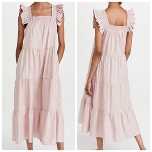 ENGLISH FACTORY Ruffle Midi Dress Dust Pink Tiered Square Neck Flutter Sleeve S